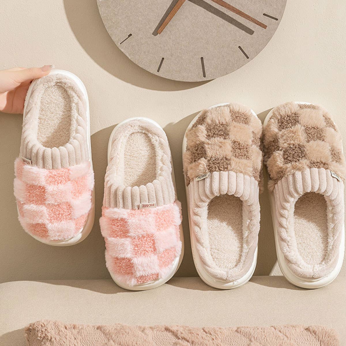 CHECKERED FUZZY WARMIES SLIPPERS_CWSHS0270: Pink / (8) 1