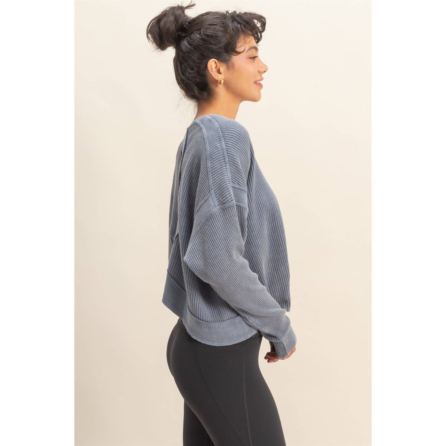 Chic Open Back Textured Knit Long Sleeve Top