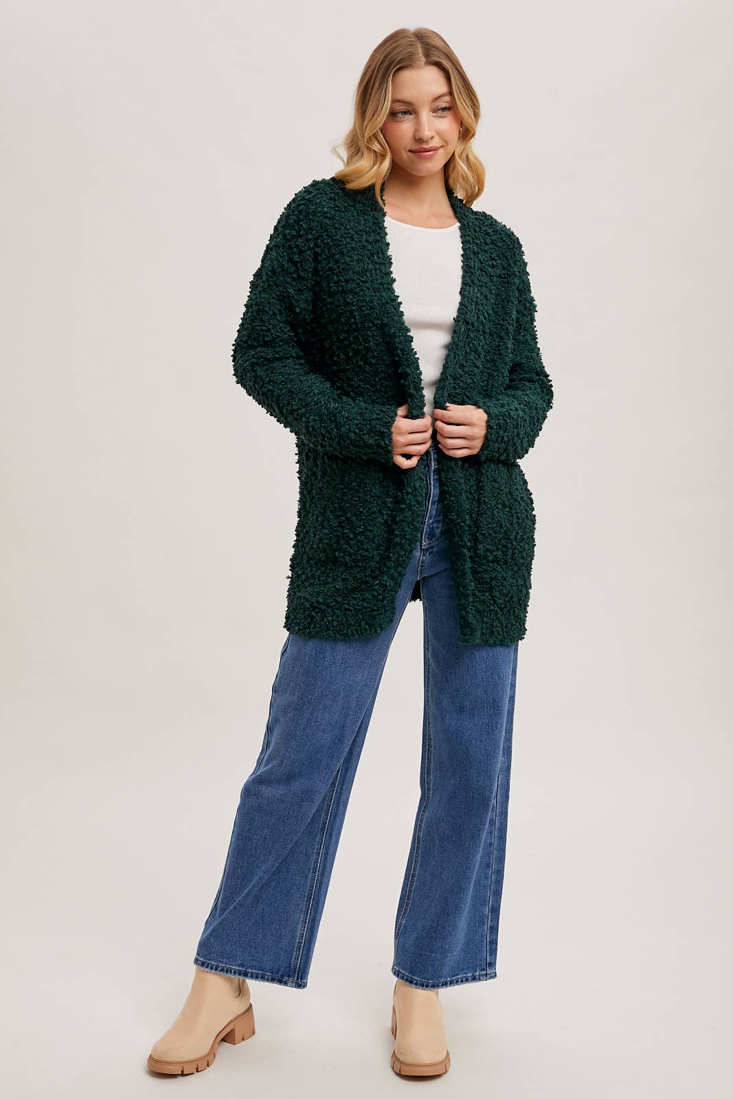 FLUFFY BOUCLÉ OPEN FRONT CARDIGAN: HUNTER GREEN / M/L