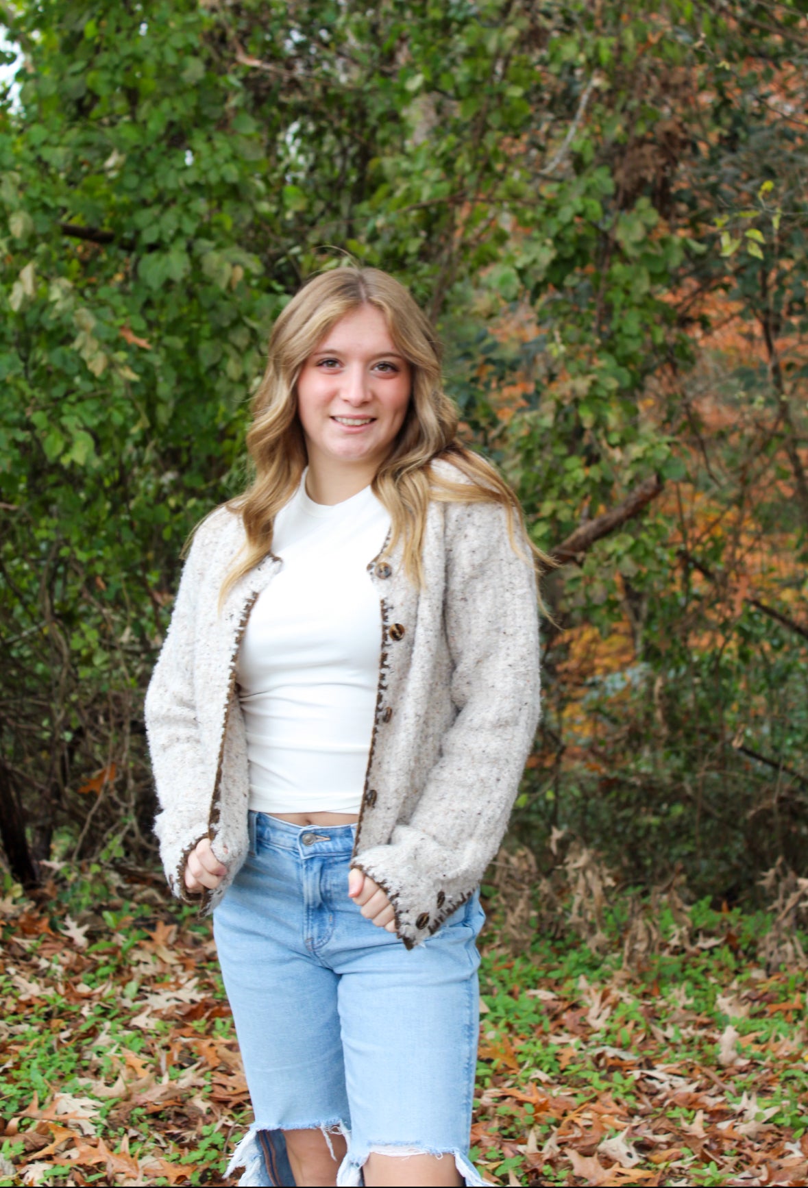 Speckled Yarn Edge Stitched Button Down Cardigan