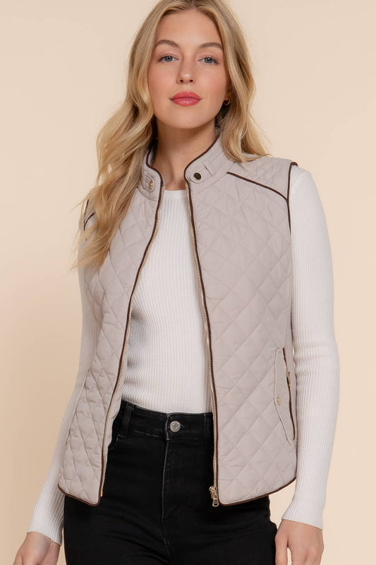 Suede Piping Detail Rib Quilted Padding Vest: TPE-pale taupe / L