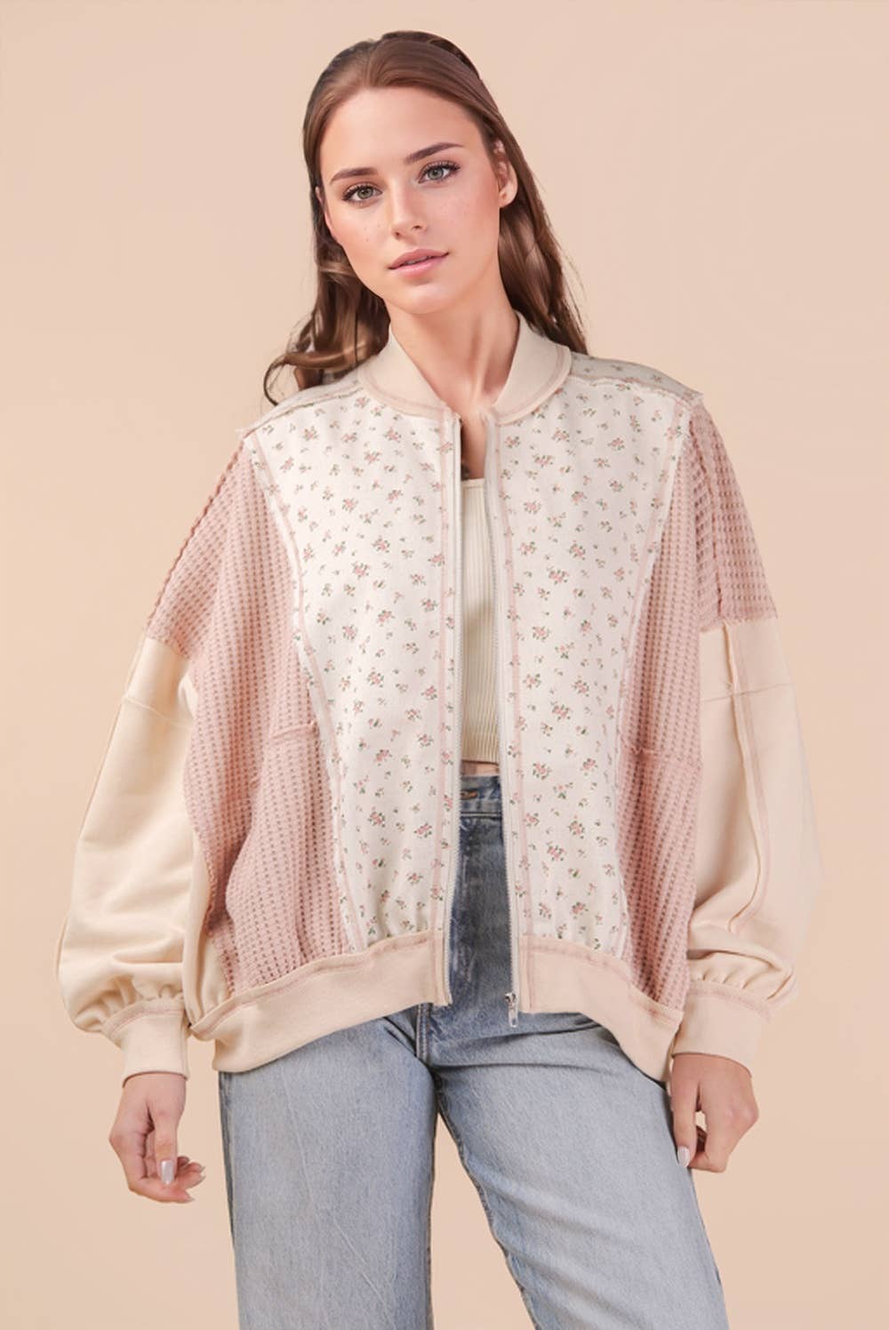 NJ90441-Floral Printed Contrast Knit Oversized Jacket: OATMEAL pre-order