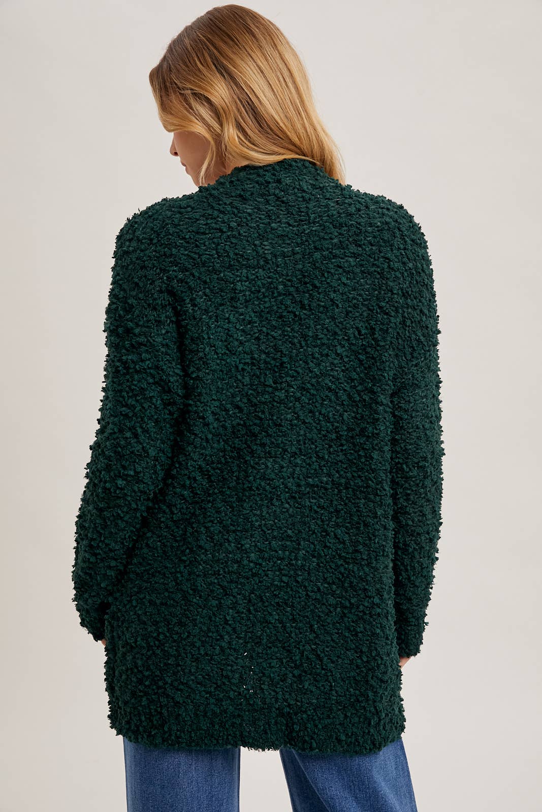 FLUFFY BOUCLÉ OPEN FRONT CARDIGAN: HUNTER GREEN / M/L