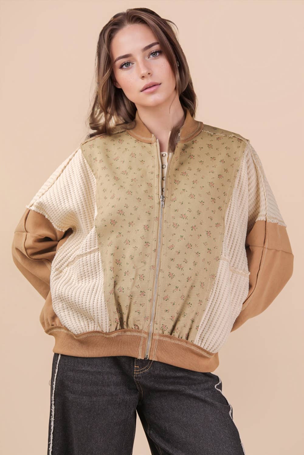 NJ90441-Floral Printed Contrast Knit Oversized Jacket: OATMEAL pre-order