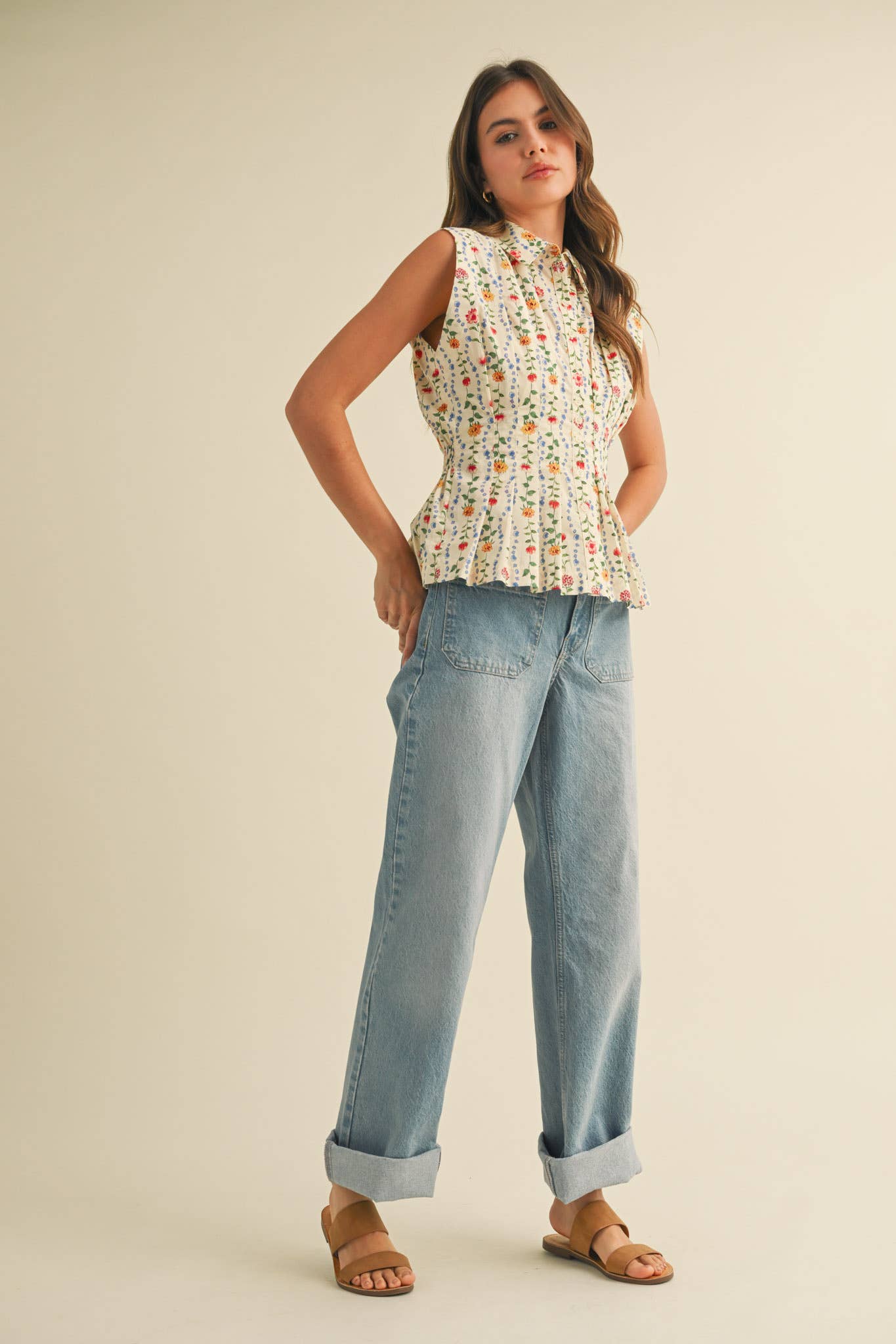 BUTTON DOWN PLEATED WAIST PEPLUM TOP MTP3906: Ivory Multi Floral