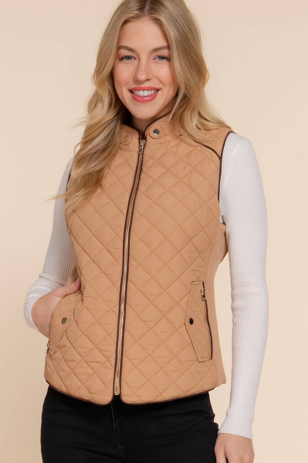 Suede Piping Detail Rib Quilted Padding Vest: TPE-pale taupe / L