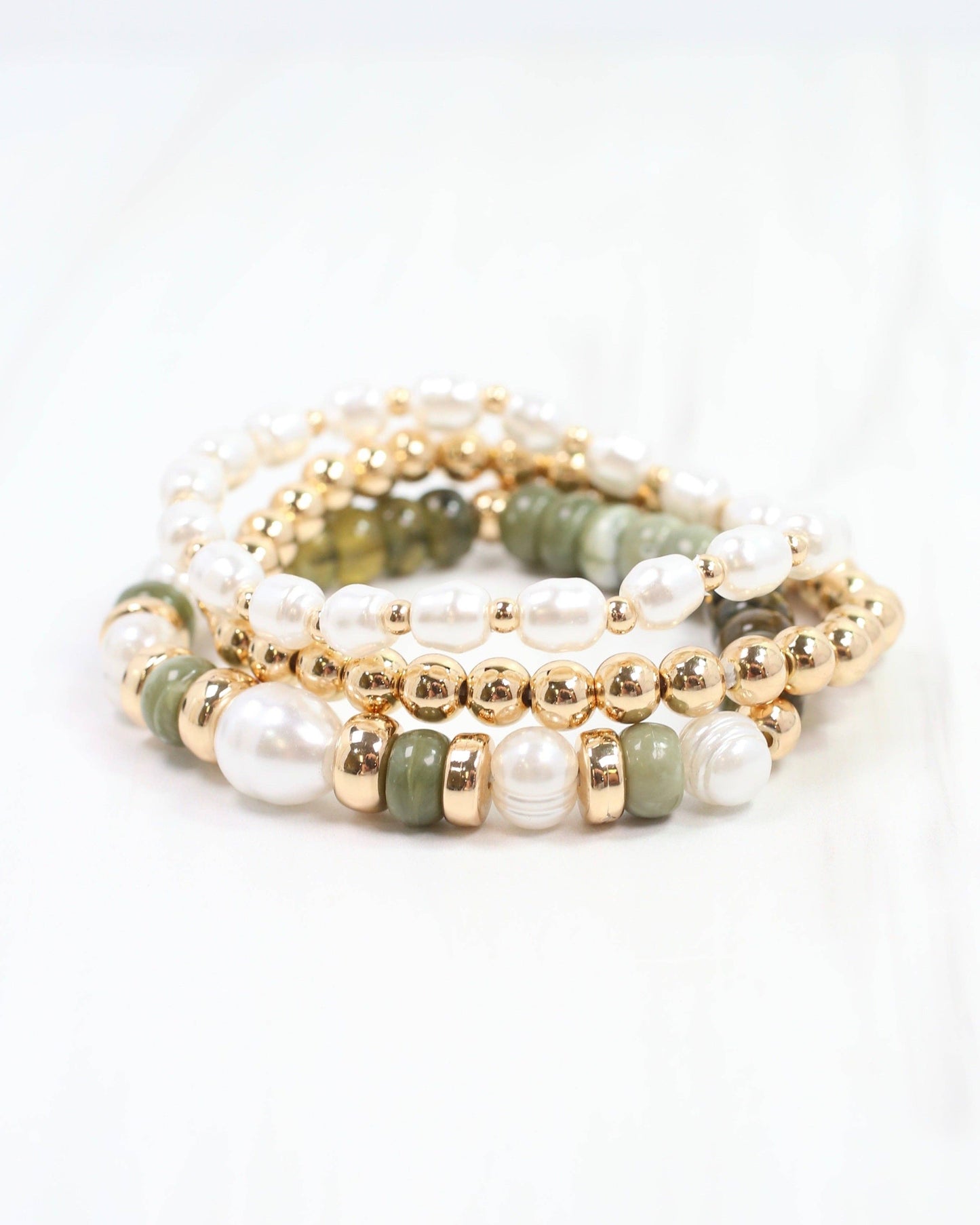 Bowie Bead and Pearl Stretch Bracelet Set Olive: Default