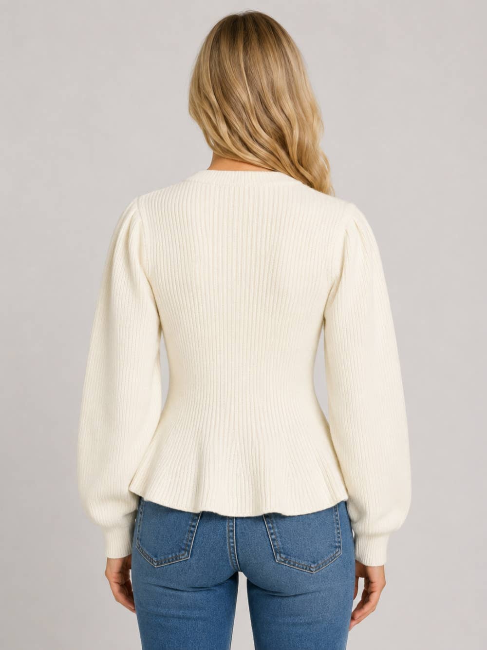 Cable Knit Peplum Hem Sweater- IVORY