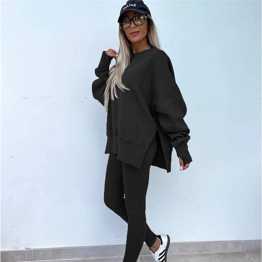 Solid Color Round Neck Slit Sweatshirt And Skinny Pants Set: