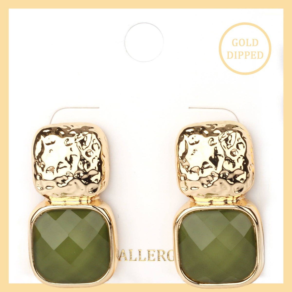 Gold Hammered Square with Olive Green Acrylic Stone 1" Earring