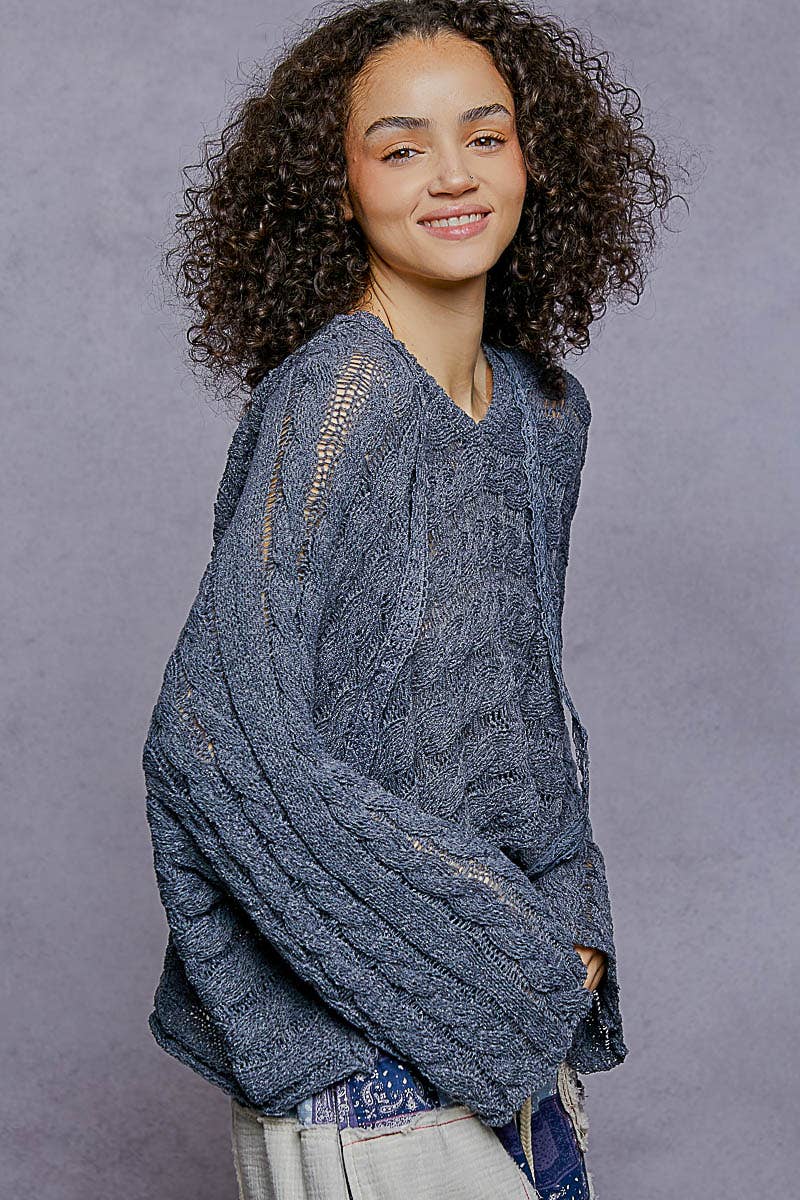 V-neck solid cropped thin sweater hoodie top SALE: CHARCOAL