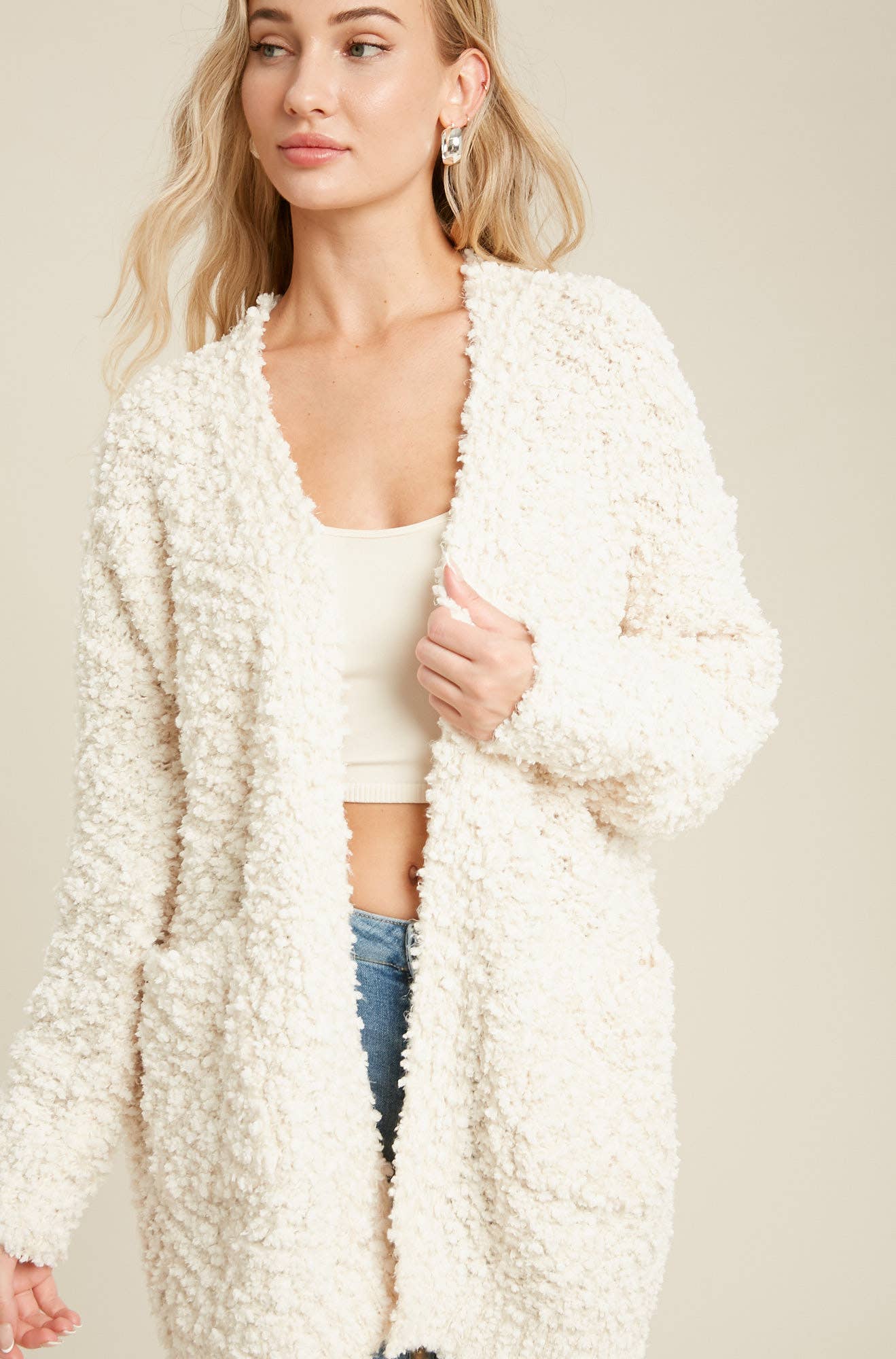 FLUFFY BOUCLÉ OPEN FRONT CARDIGAN: HUNTER GREEN / M/L