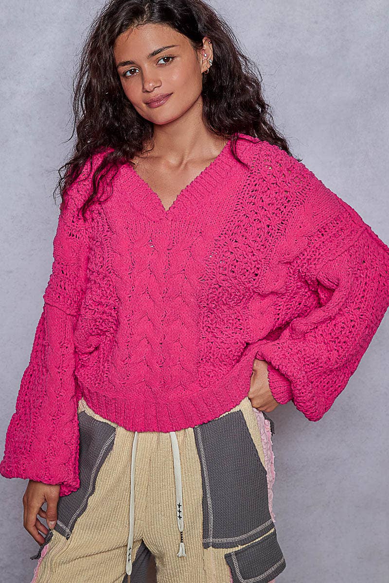 V-neck semi cropped top in chenille sweater