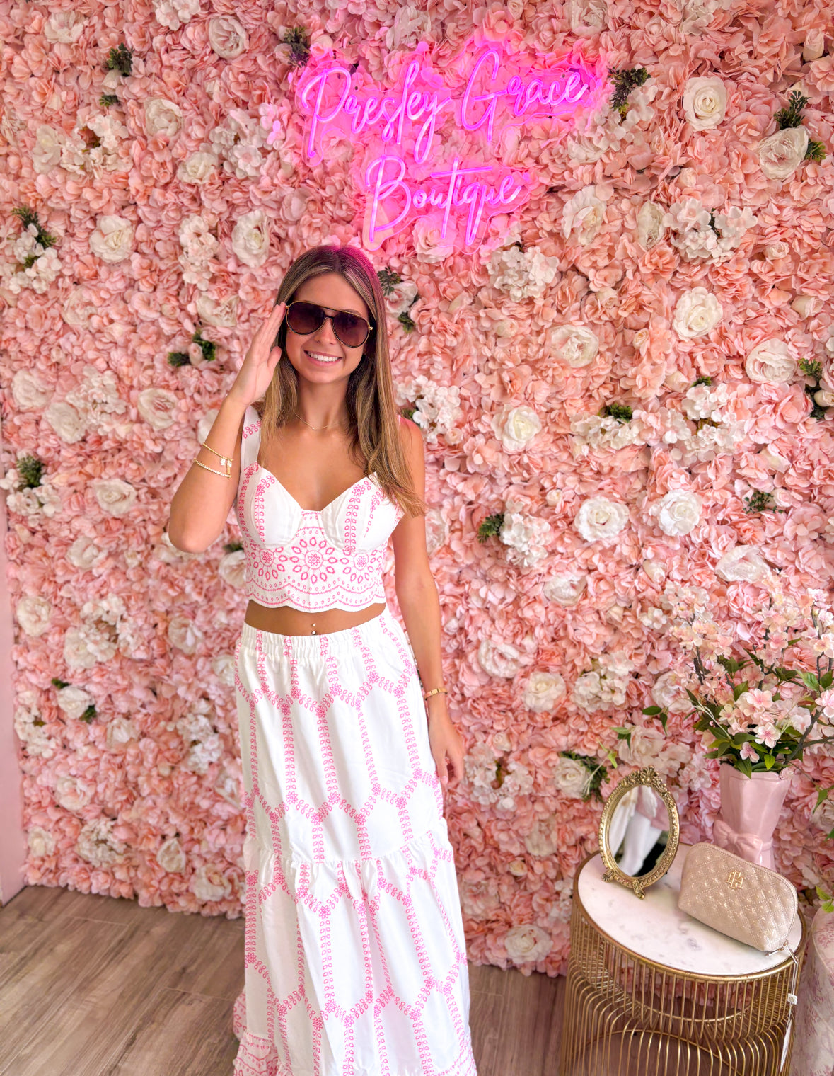 Pink And White 2 Piece Skirt Set