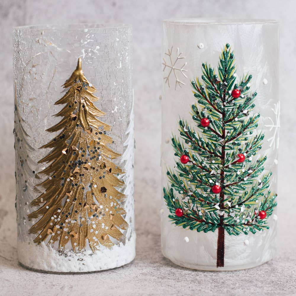 Gold Tree Glass Pillar with LED String Lights — Christmas, Holiday Decorations