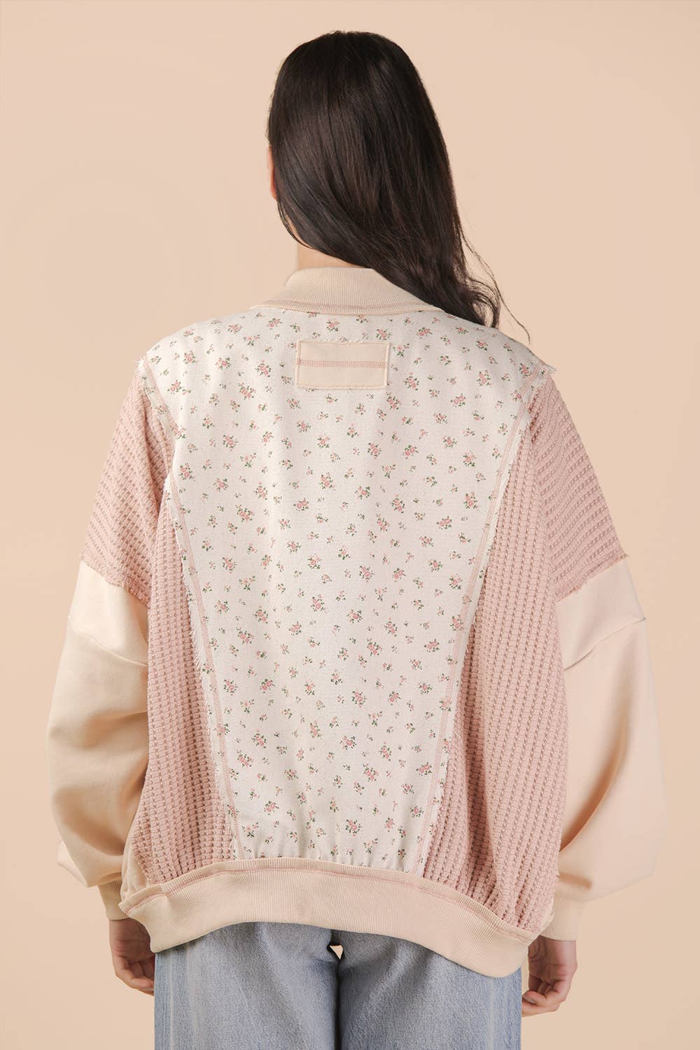 NJ90441-Floral Printed Contrast Knit Oversized Jacket: OATMEAL pre-order
