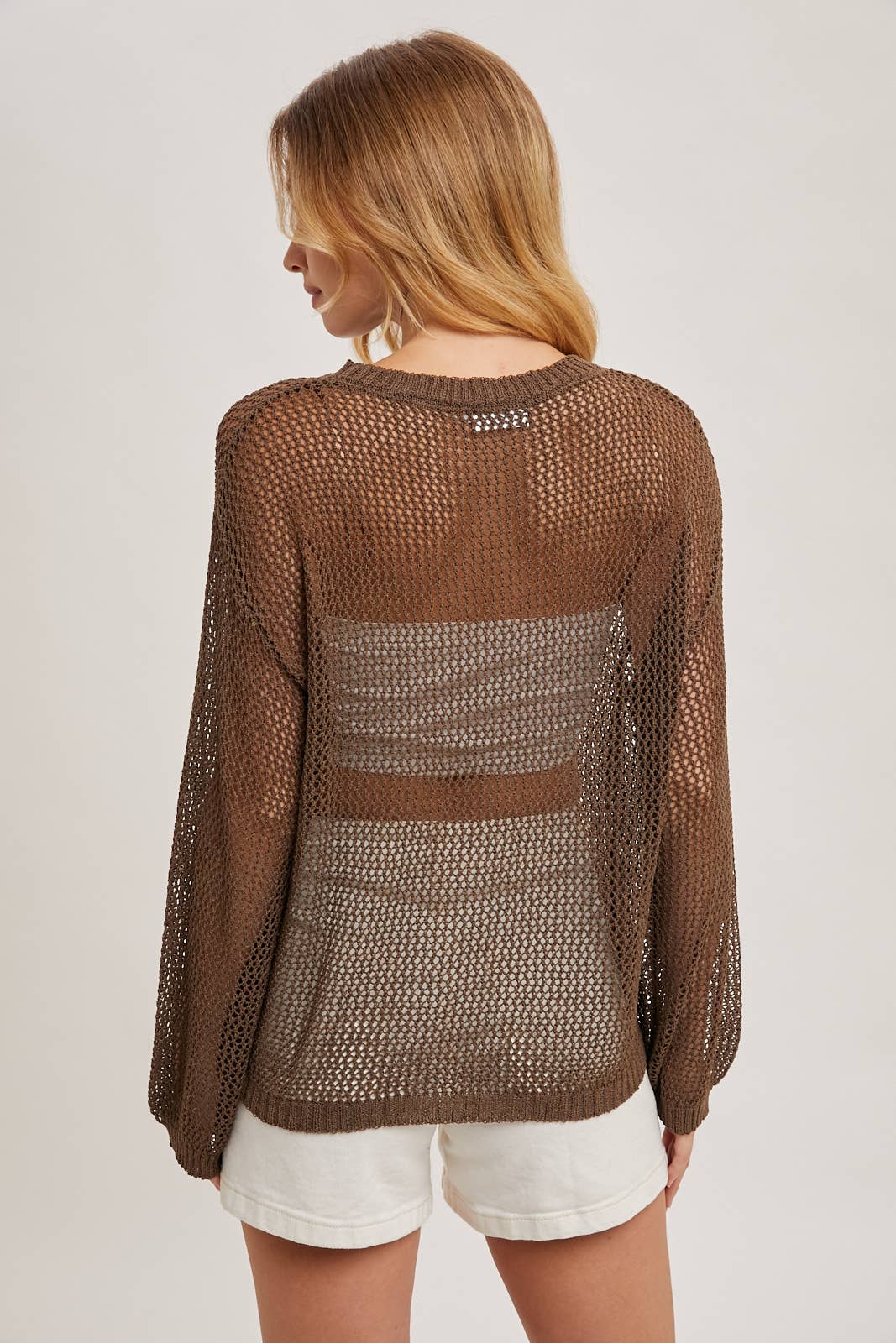 SHEER STAR OPEN KNIT PULLOVER NO LINING: MOCHA / L