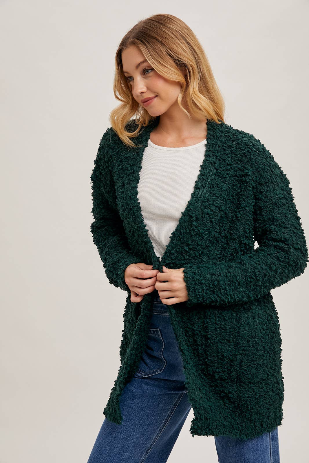 FLUFFY BOUCLÉ OPEN FRONT CARDIGAN: HUNTER GREEN / M/L