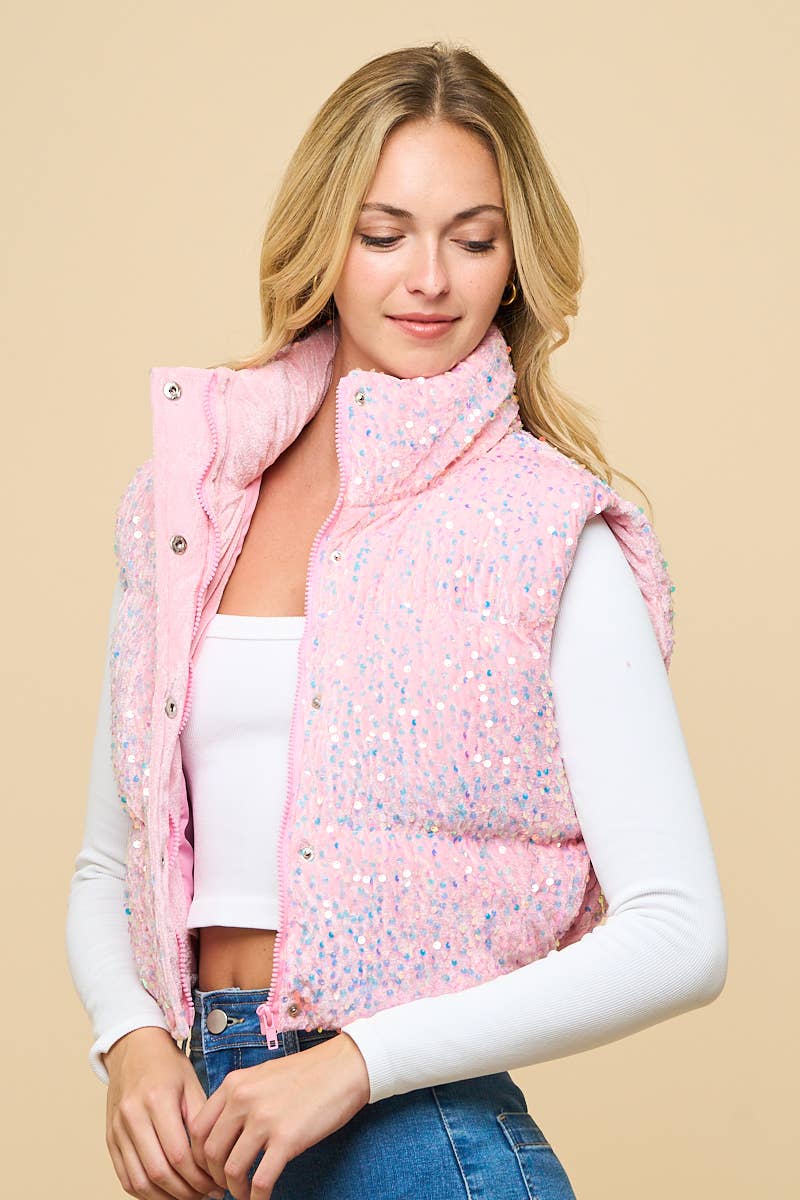 2687- SEQUIN PUFFER VEST: Pink