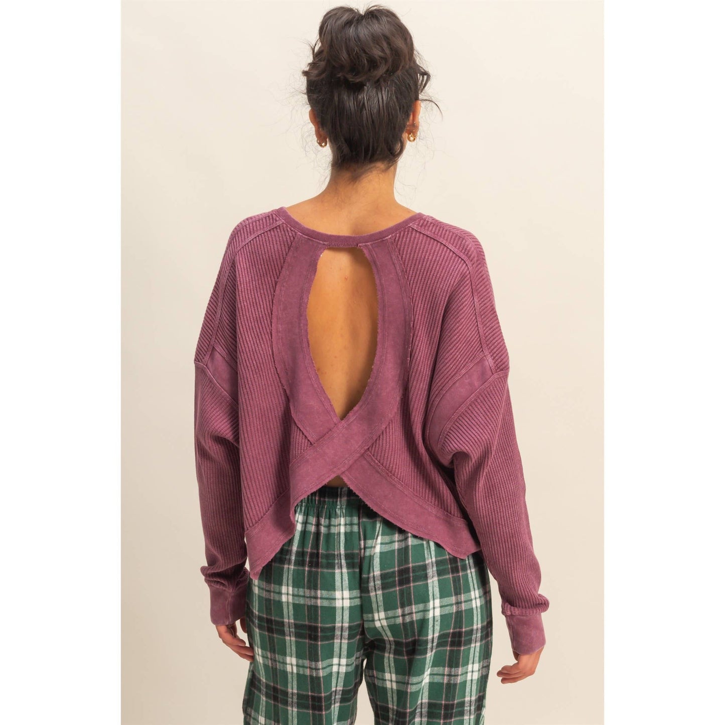 Chic Open Back Textured Knit Long Sleeve Top