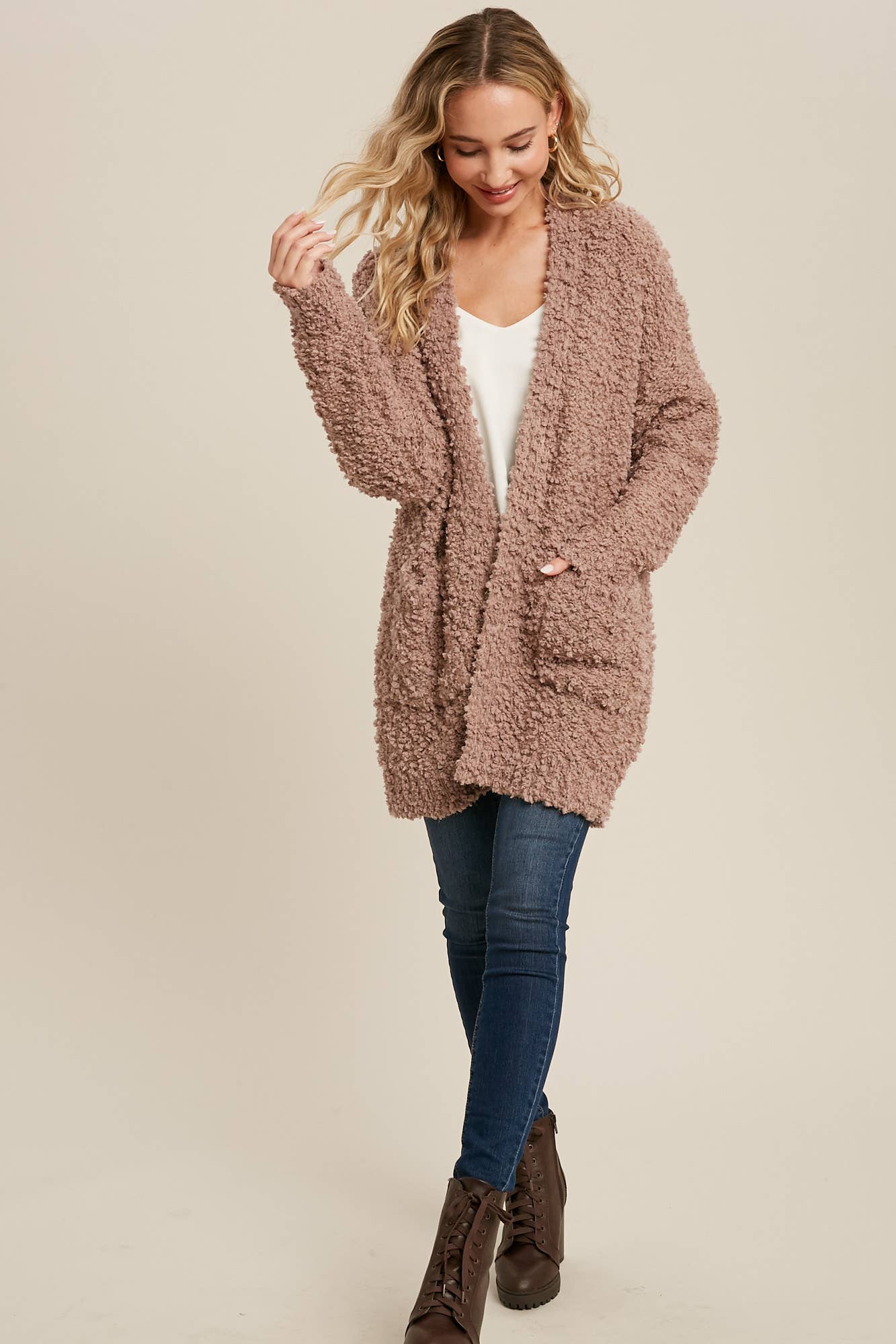 FLUFFY BOUCLÉ OPEN FRONT CARDIGAN: HUNTER GREEN / M/L