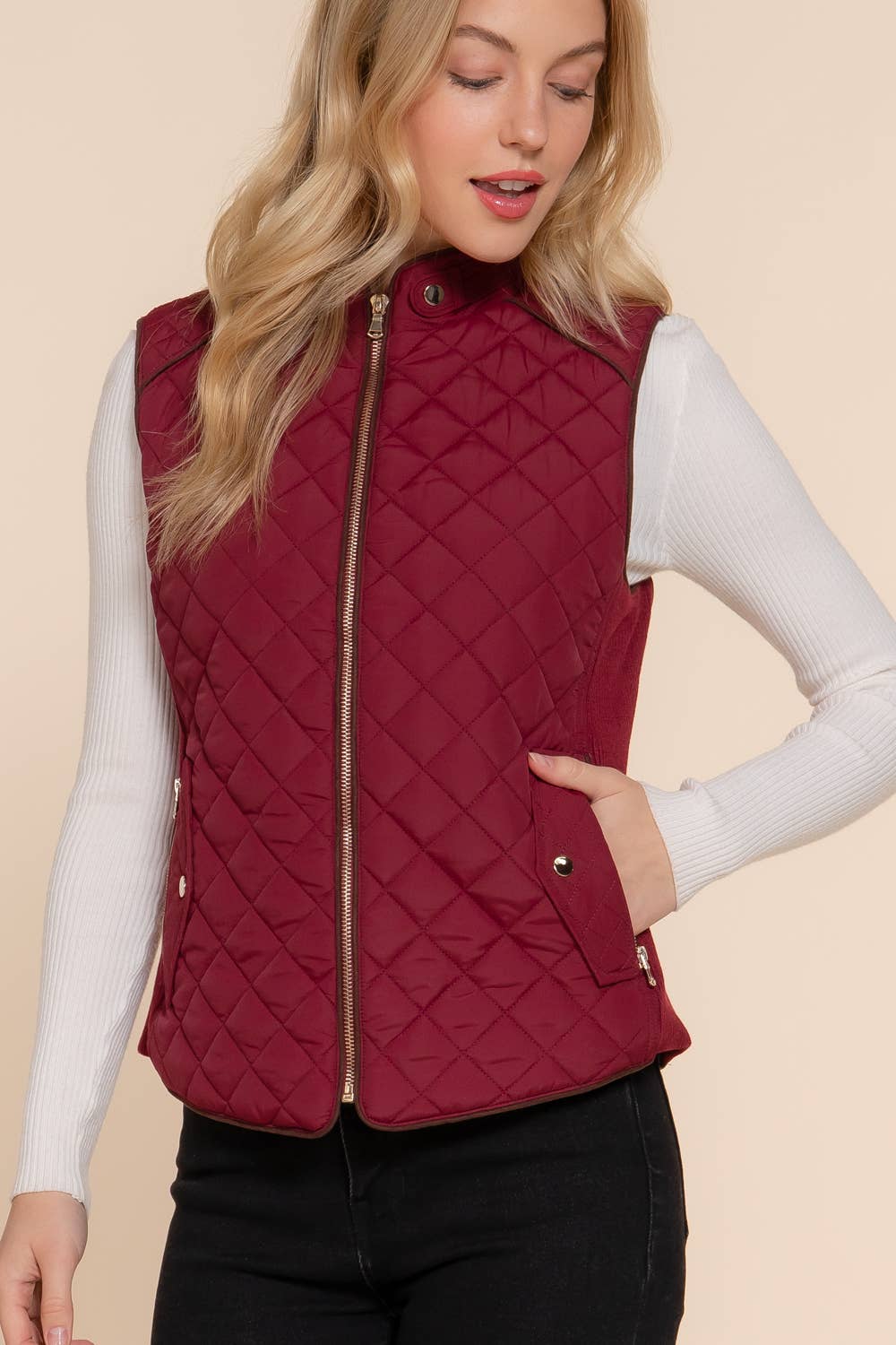 Suede Piping Detail Rib Quilted Padding Vest: TPE-pale taupe / L