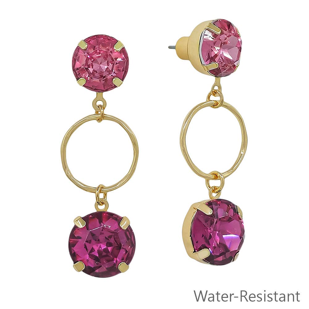 Water Resistant Pink Crystal with Gold Open Circle 2" Earring