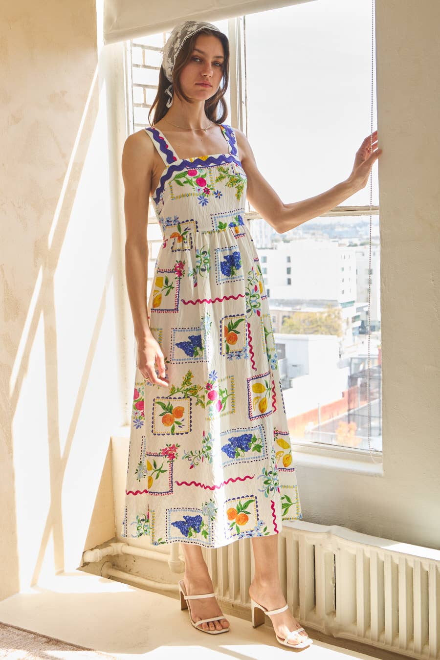 Fruit Garden Printed Sleeveless Midi Dress: Off White Multi