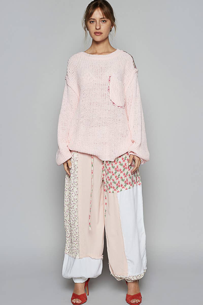 Round neck solid pocket thin sweater top: PINK BLUSH