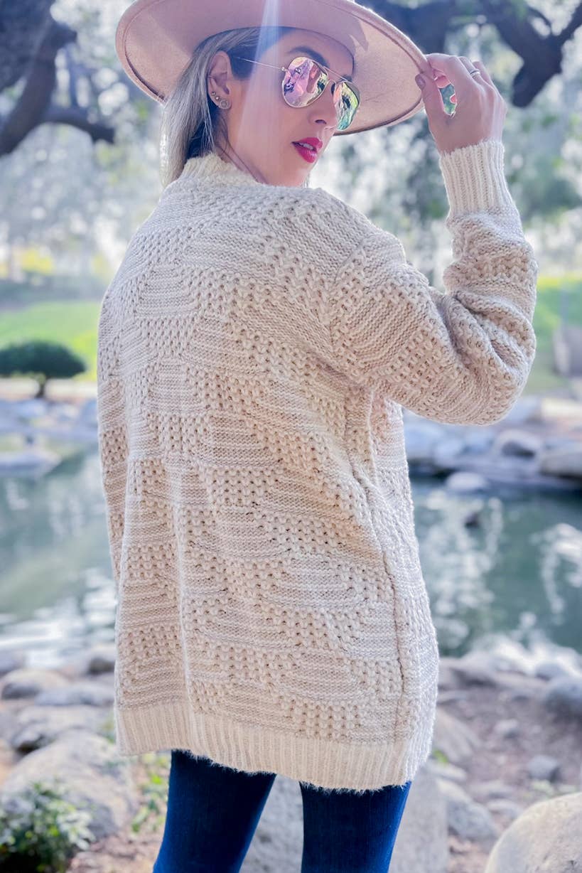 Two Tone Textured Open Front Long Sleeve Knit Cozy Cardigan: Beige Ivory / One Size