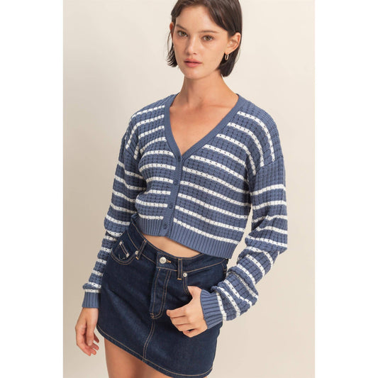 Striped Long Sleeve Buttoned Sweater Cardigan: DUSTY NAVY/WHITE