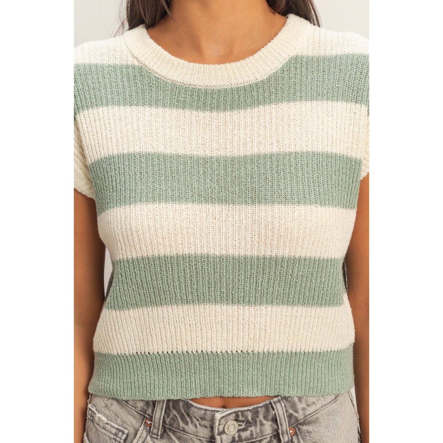 Striped Ribbed Knit Top: SAGE GREEN