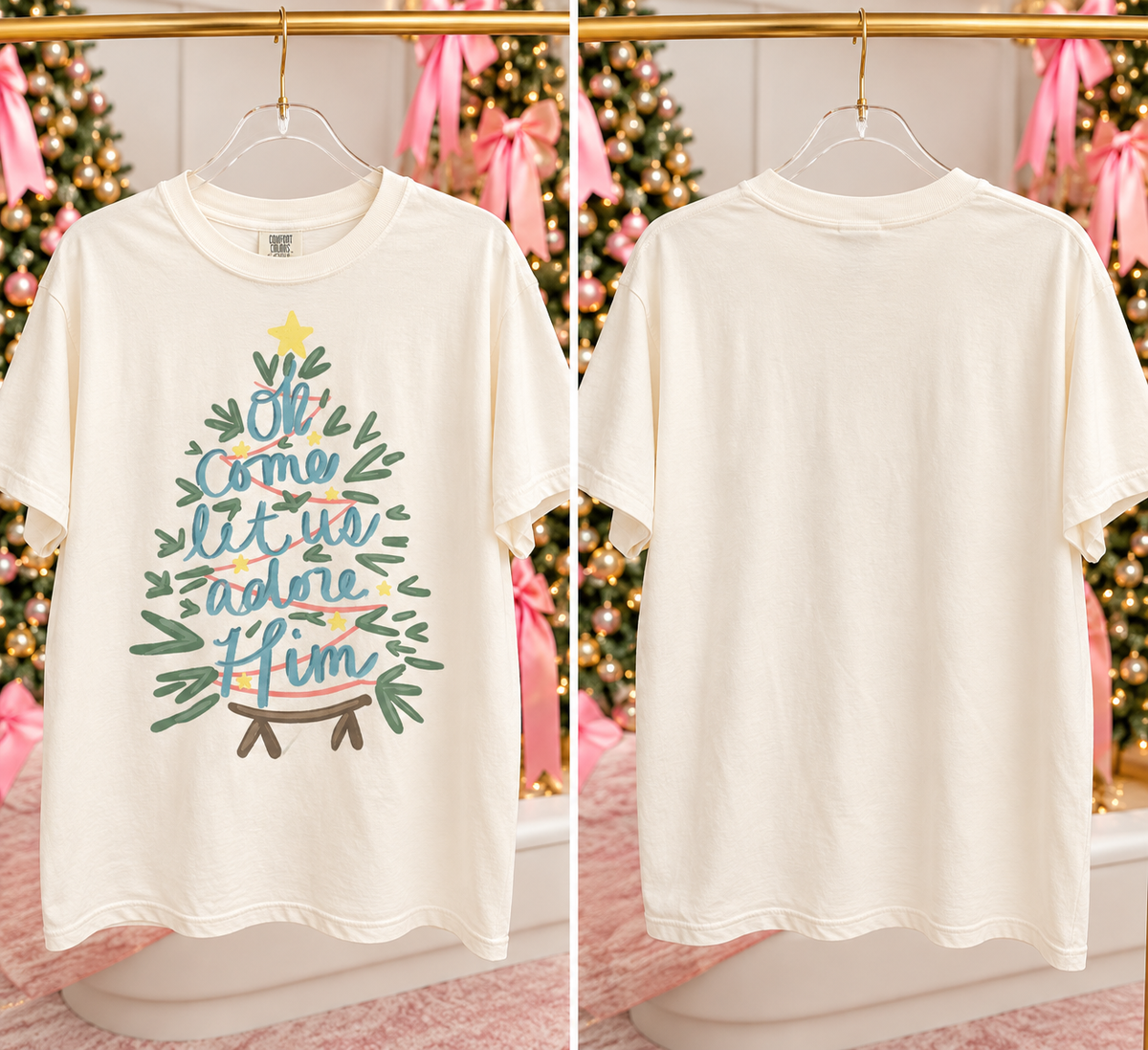 Oh come let us adore him tree tee