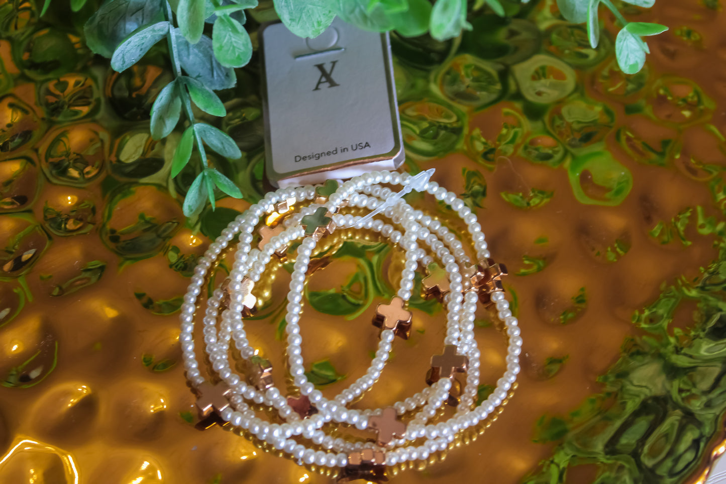 Cross Accent Multi Layered Pearl Beaded Stretch Bracelet