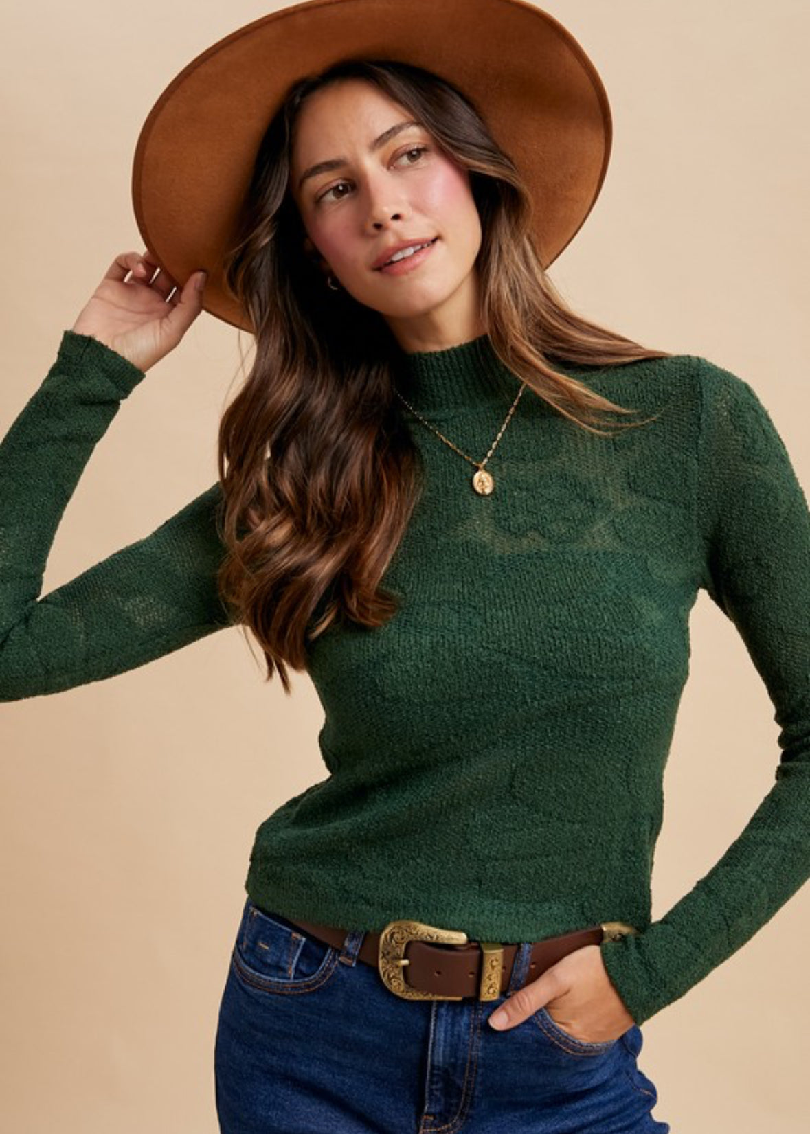 Floral Jacquard Textured Mock Neck Sweater Top