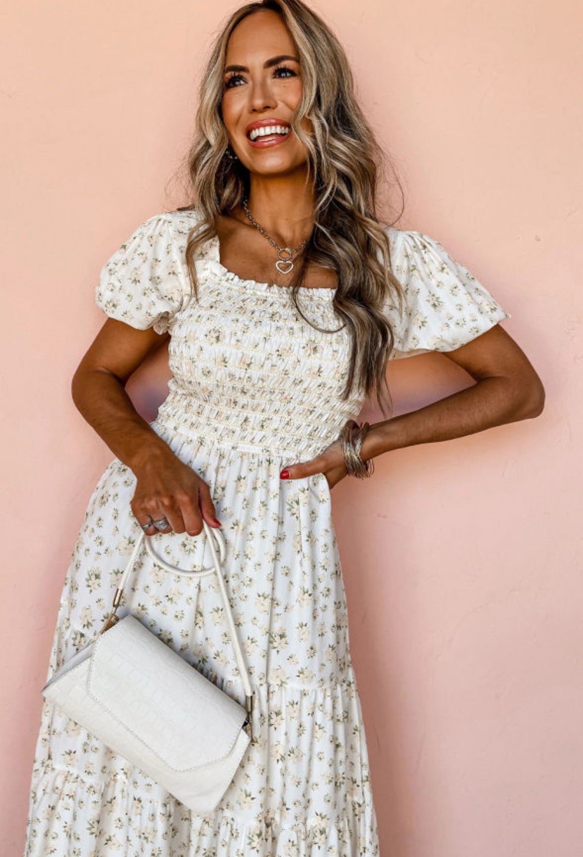 White Frilly Shirred Bodice Tiered Floral Maxi Dress