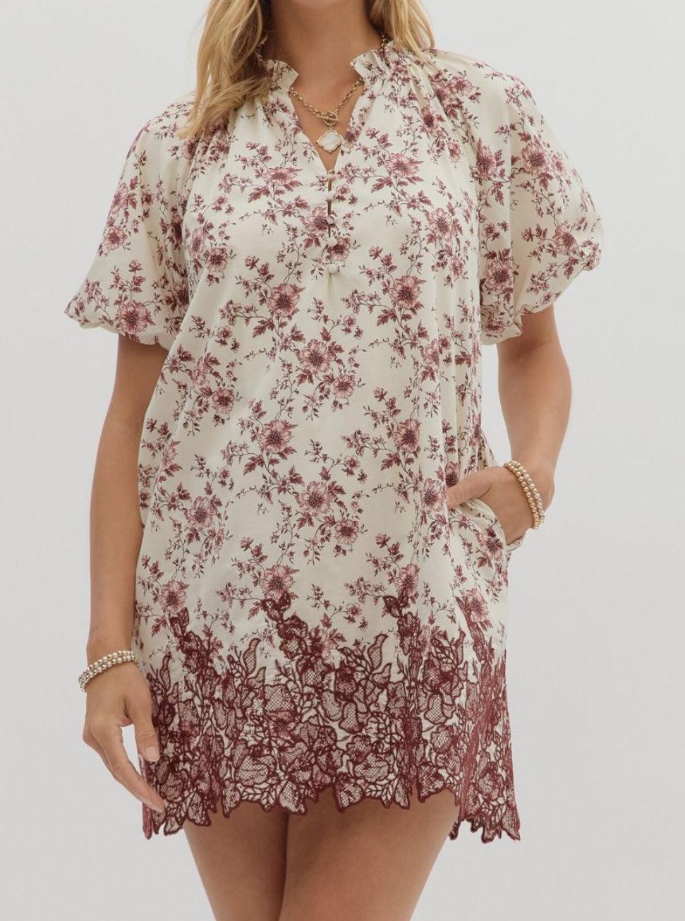 Burgundy Floral Short Bubble Sleeve Dress