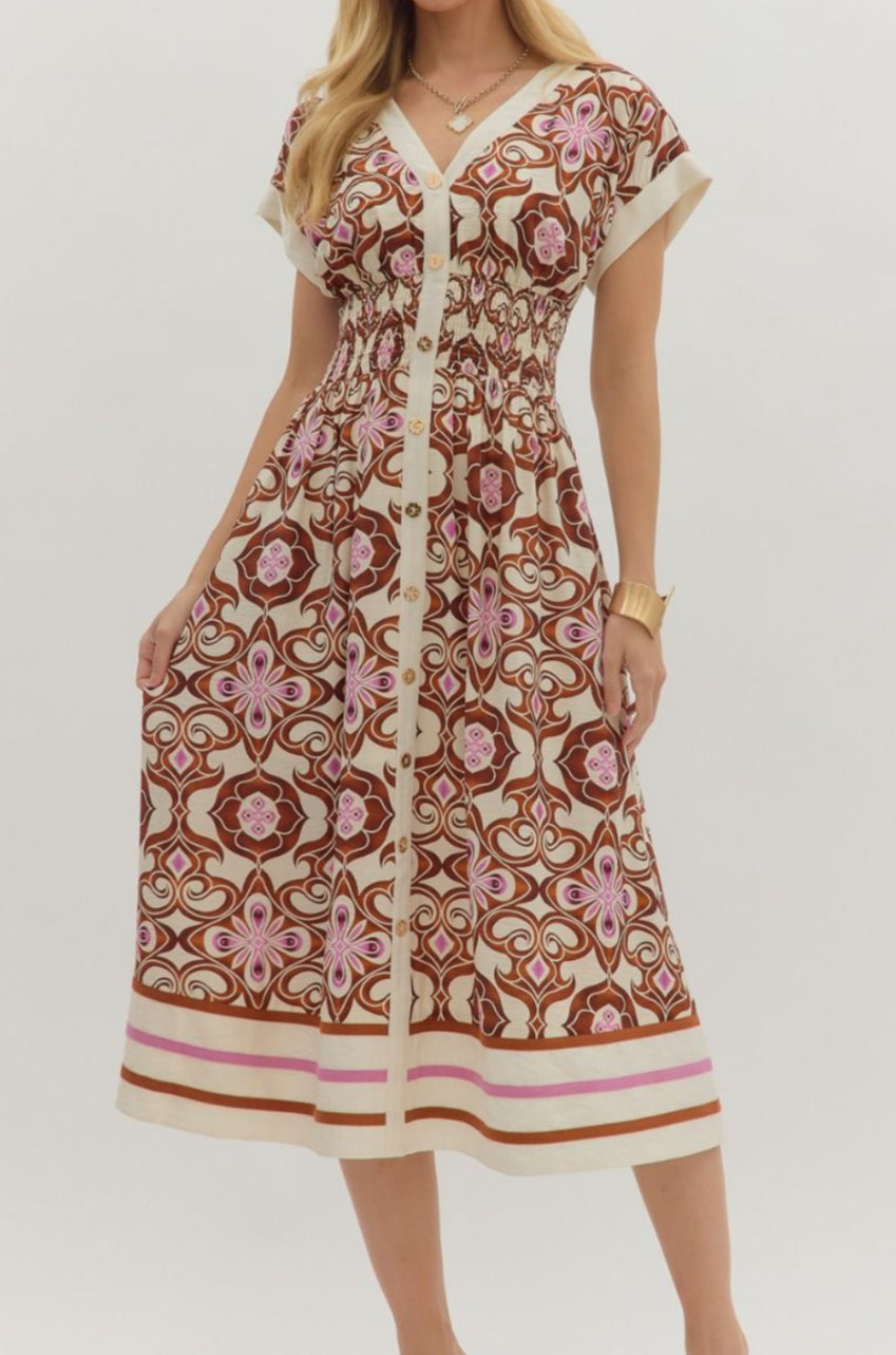 Botanical Print Cap Sleeve Midi Dress