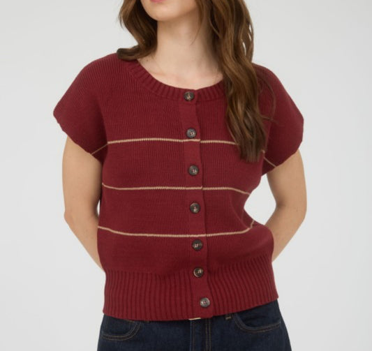 Stripe Button Down Short Sleeve Knit Cardigan