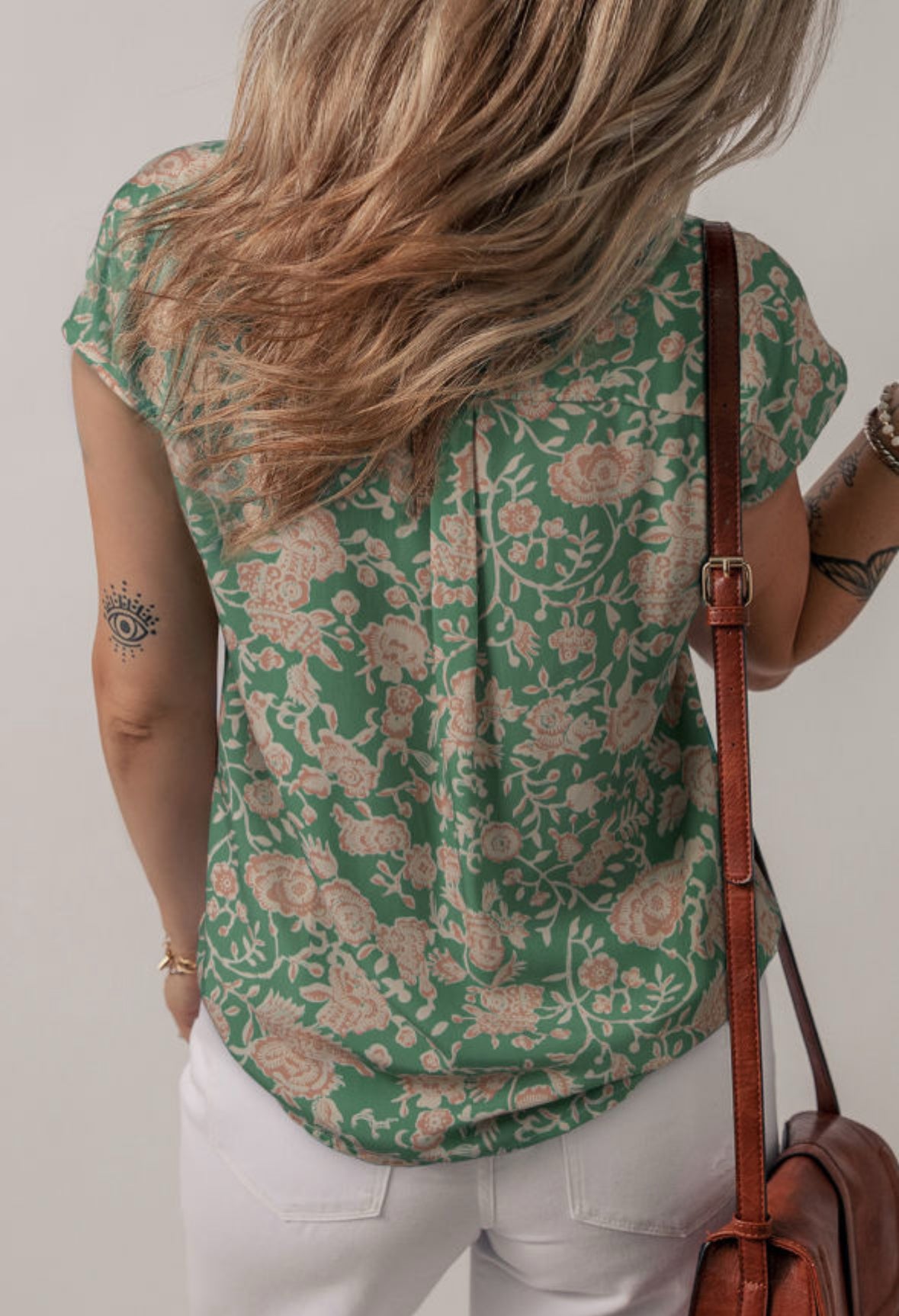 Green Floral Print Pleated Buttoned V Neck Short Sleeve Blouse