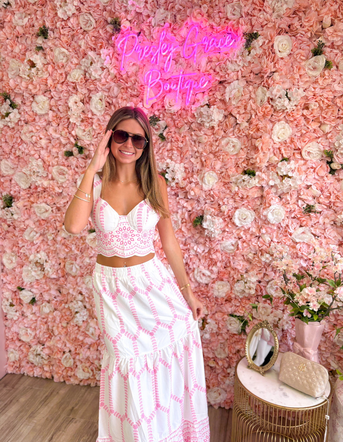 Pink And White 2 Piece Skirt Set