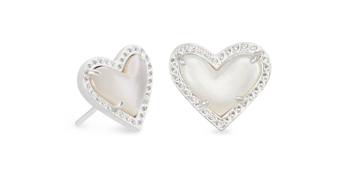 Kendra Scott Ari Heart Stud Earrings – Rhodium Ivory Mother-of-Pearl