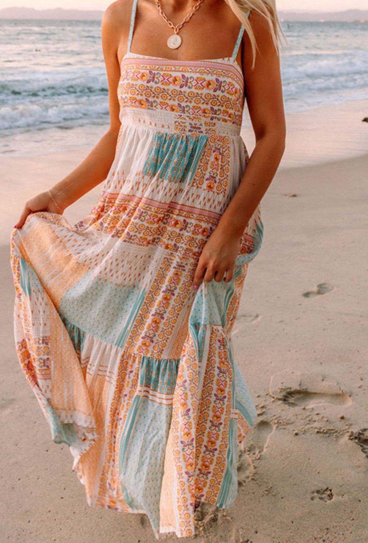 Multicolor Boho Patchwork Print Square Neck Sundress