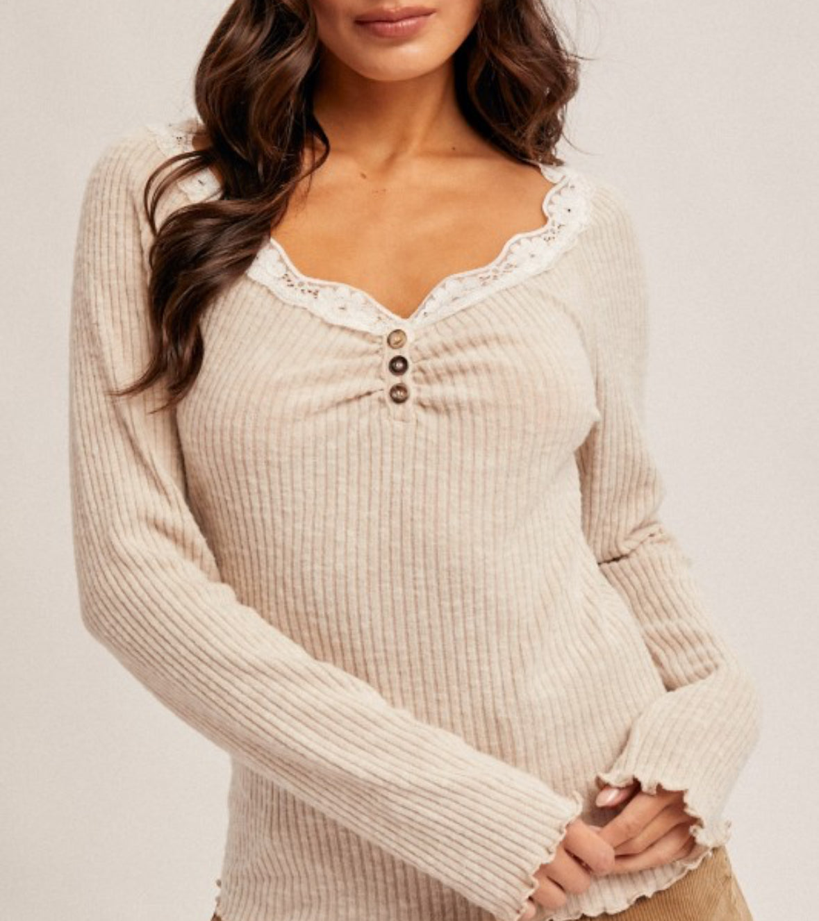 Brushed Rib Lace Henley Top