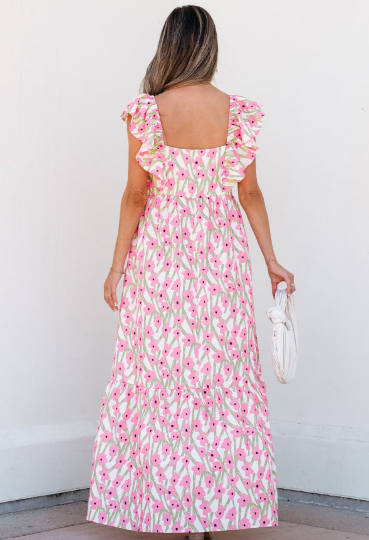 Pink Floral Print Square Neck Ruffled Strap Maxi Dress