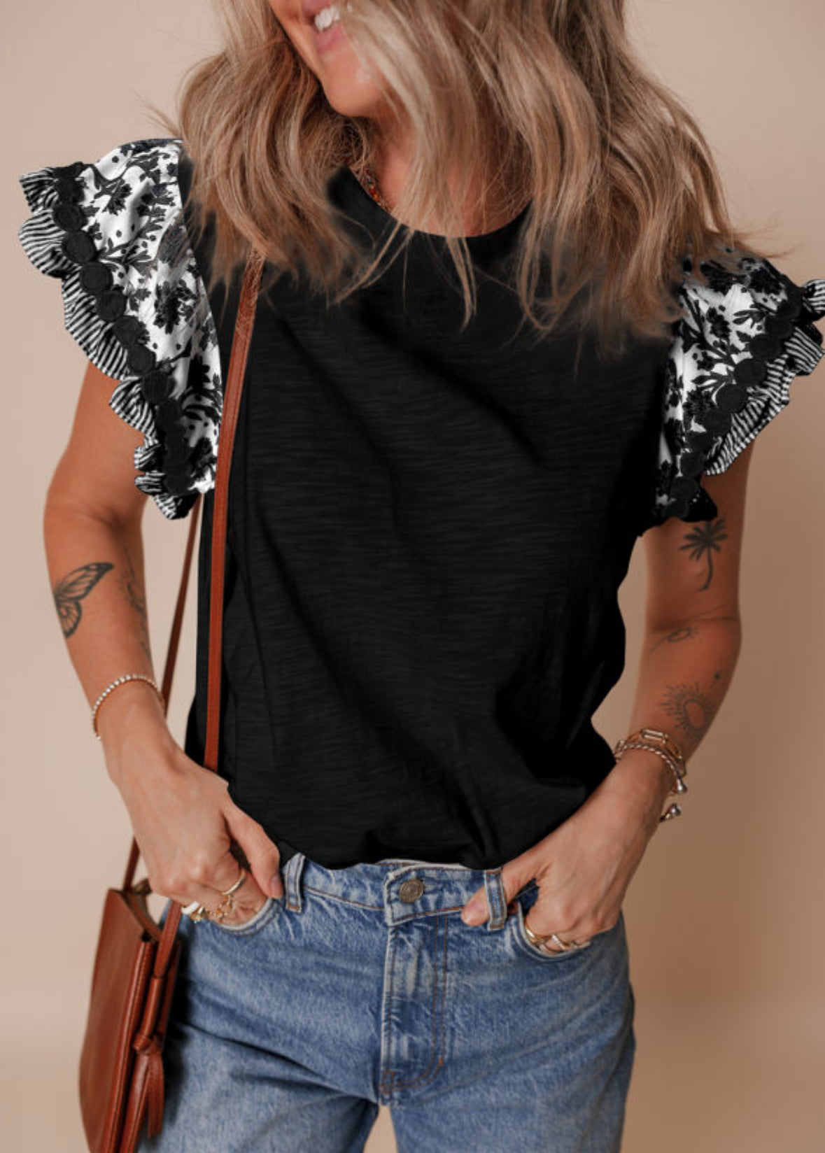 Black Ricrac Trim Printed Flutter Sleeve Contrast Patchwork Blouse