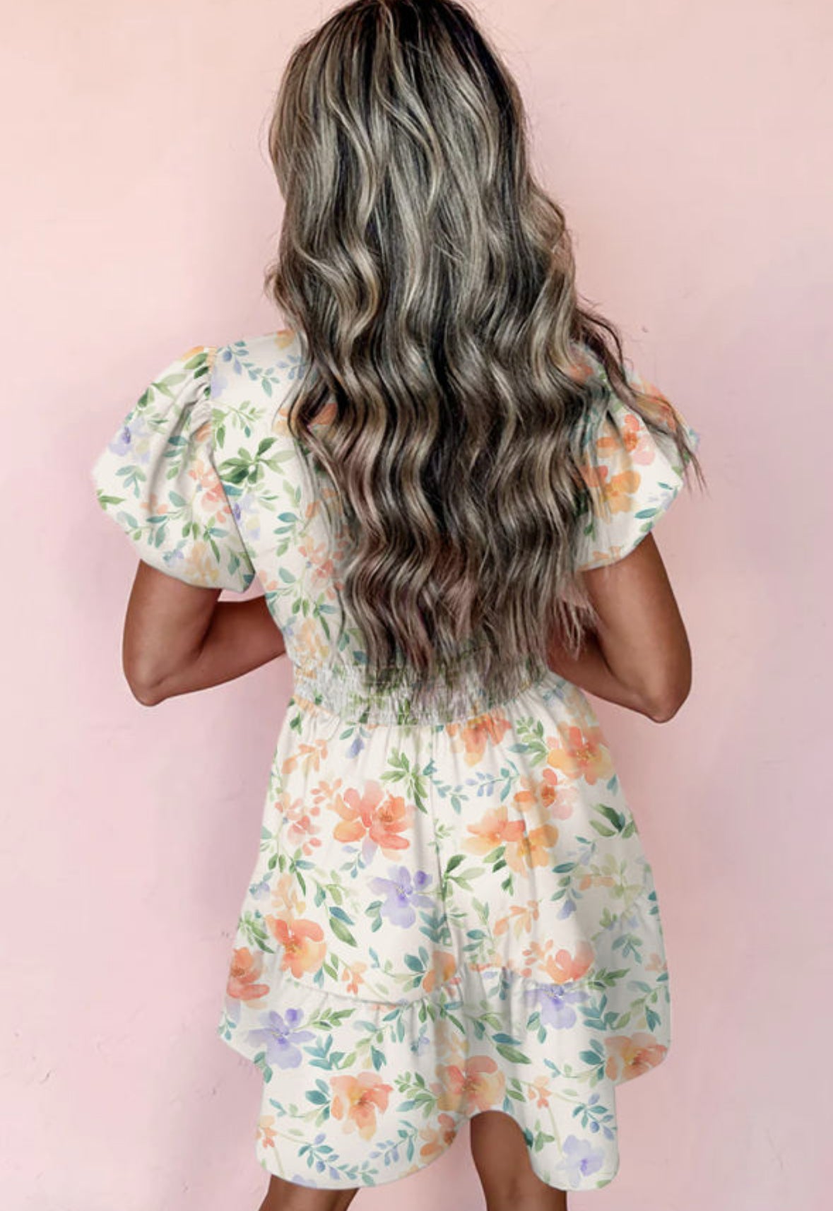 Beige Floral Print Shirred High Waist Puff Sleeve Mini Dress