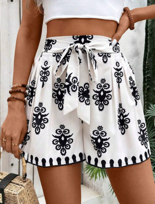 Black Tribal Geometric Print Belted High Waist Casual Shorts