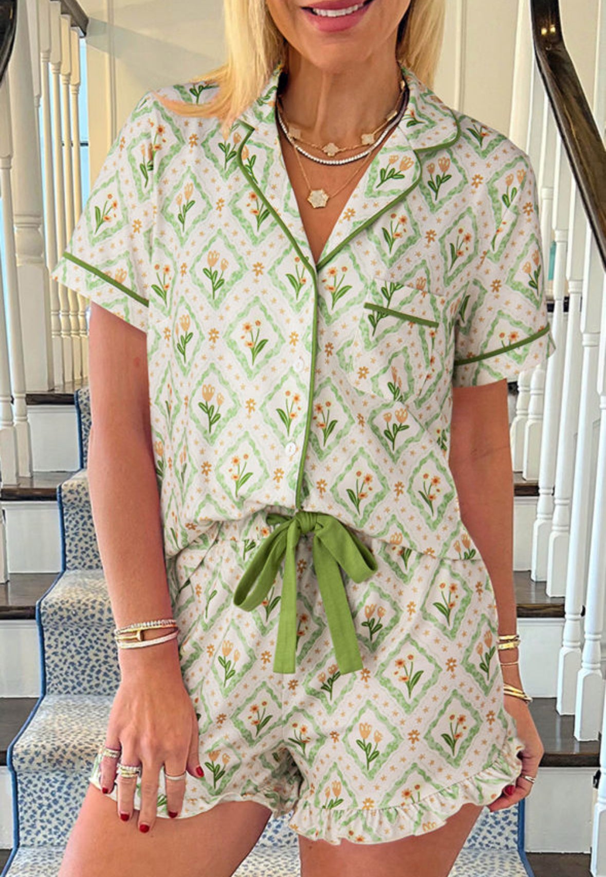 Green Floral Print Turn-Down Collar Short PJ Set