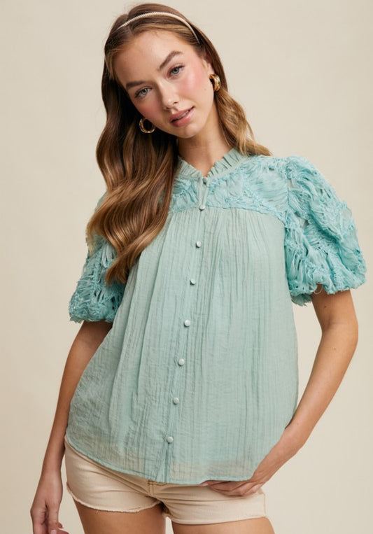 Shaggy Fringed Textured Puff Sleeve Blouse